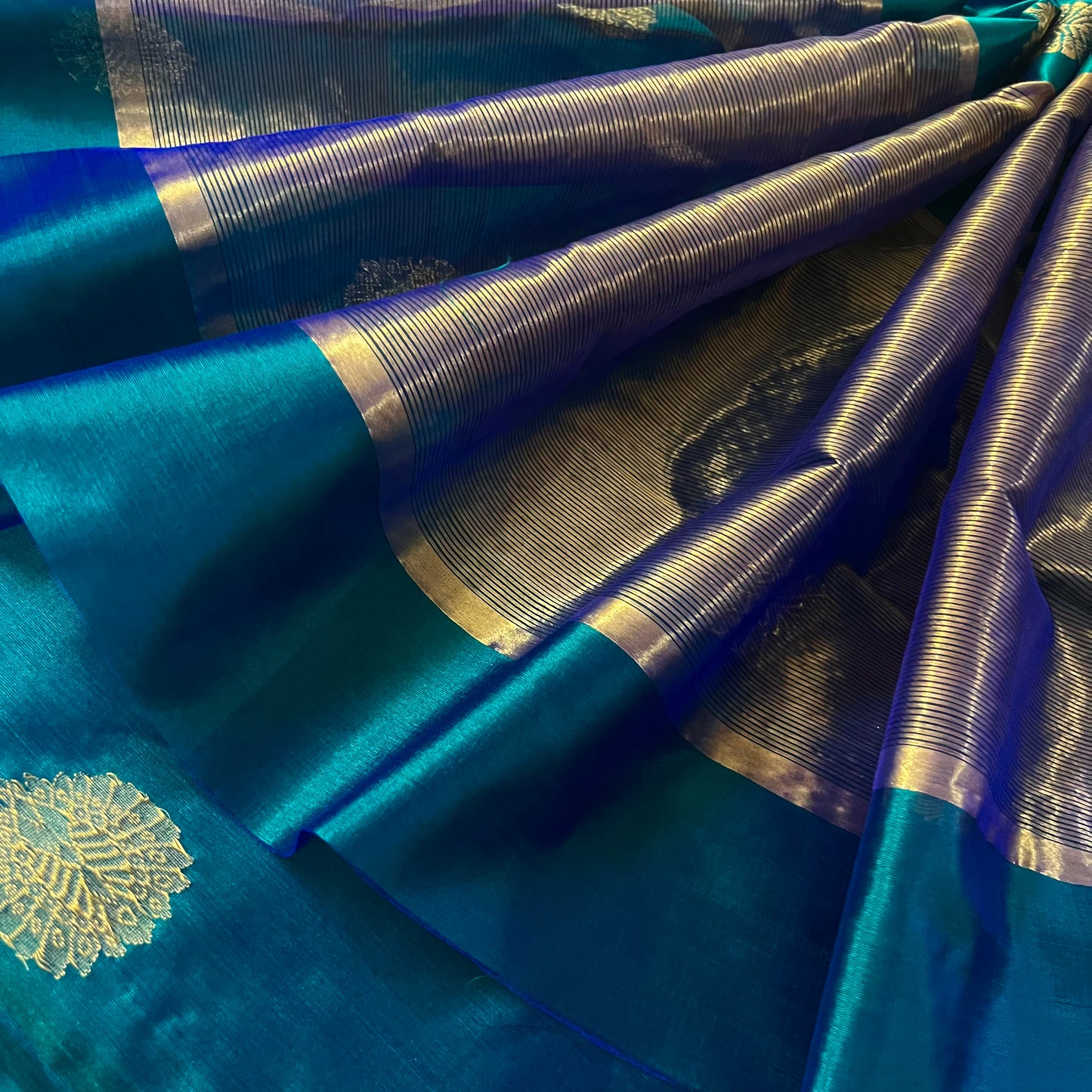 Peacock green and blue dual tone chanderi silk saree with mor motifs all over