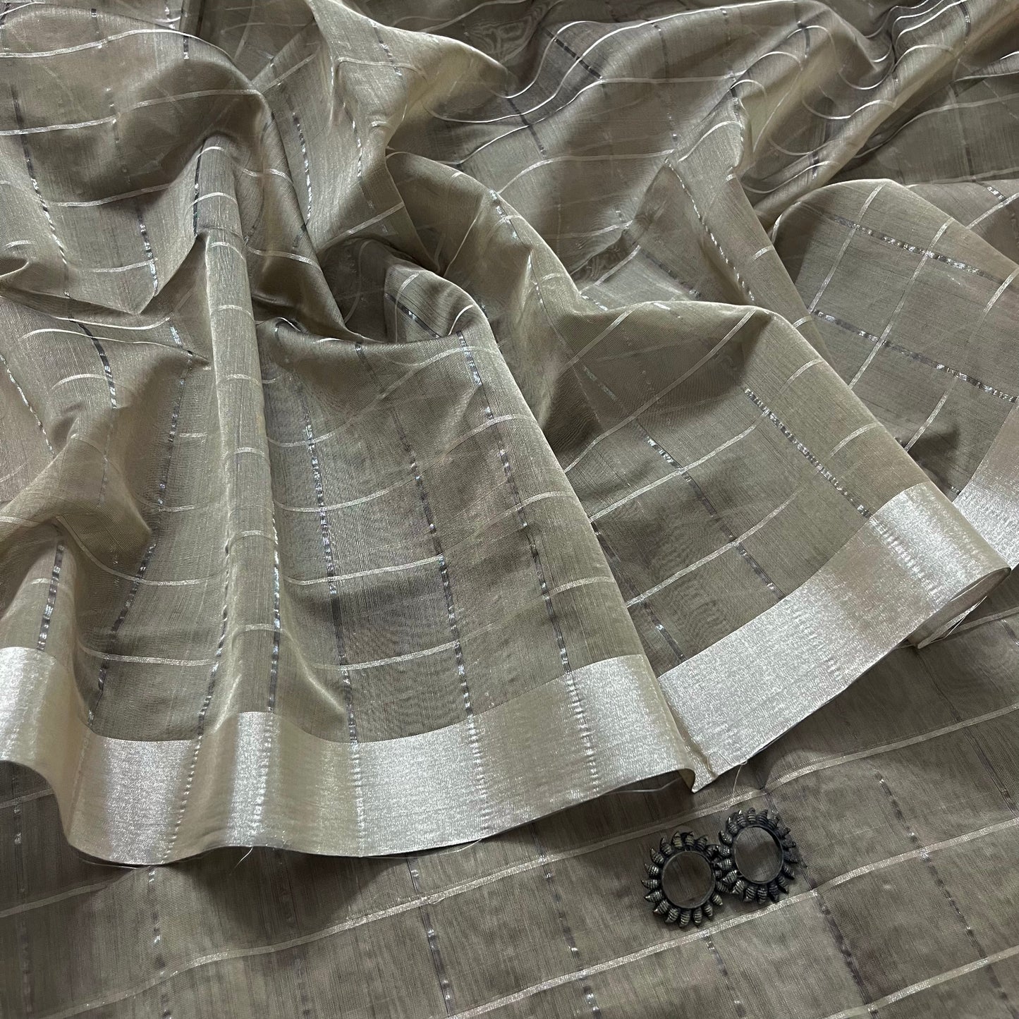 Antique silver and grey Maheshwari saree with zari check all over