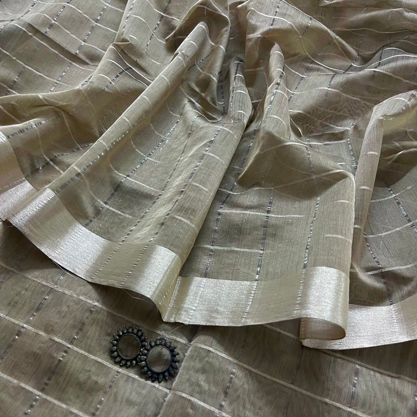 Antique silver and grey Maheshwari saree with zari check all over