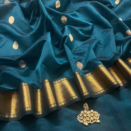 Teal maheshwari saree with zari bootis all over