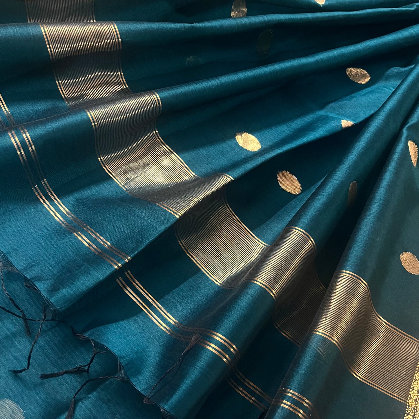 Teal maheshwari saree with zari bootis all over