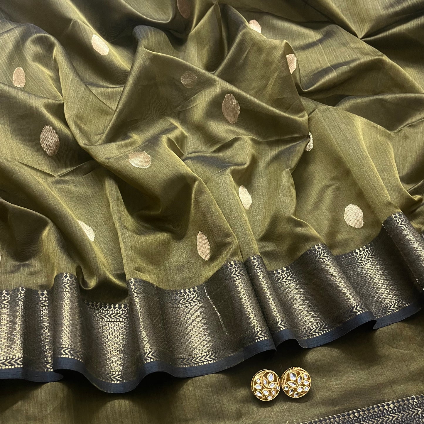 Olive maheshwari saree with zari bootis all over