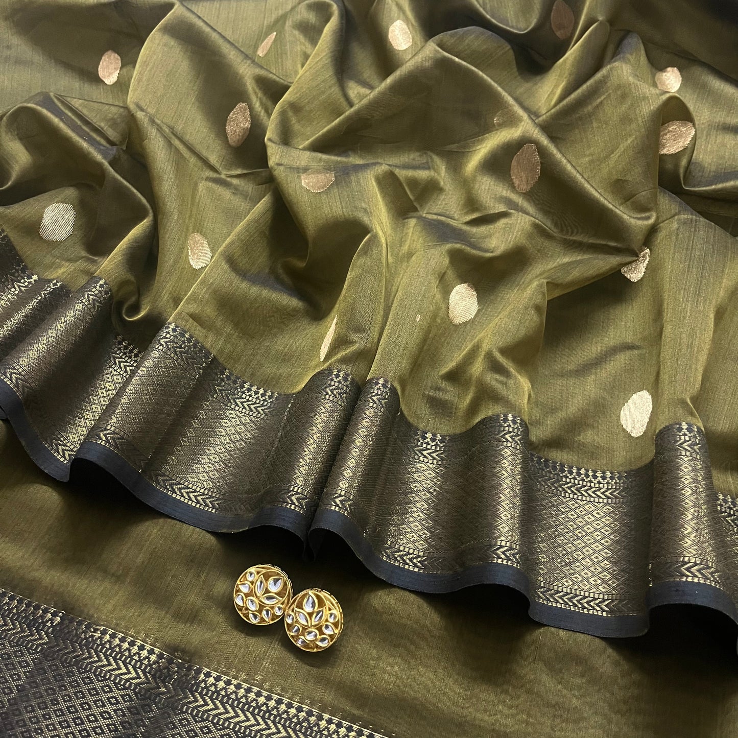 Olive maheshwari saree with zari bootis all over