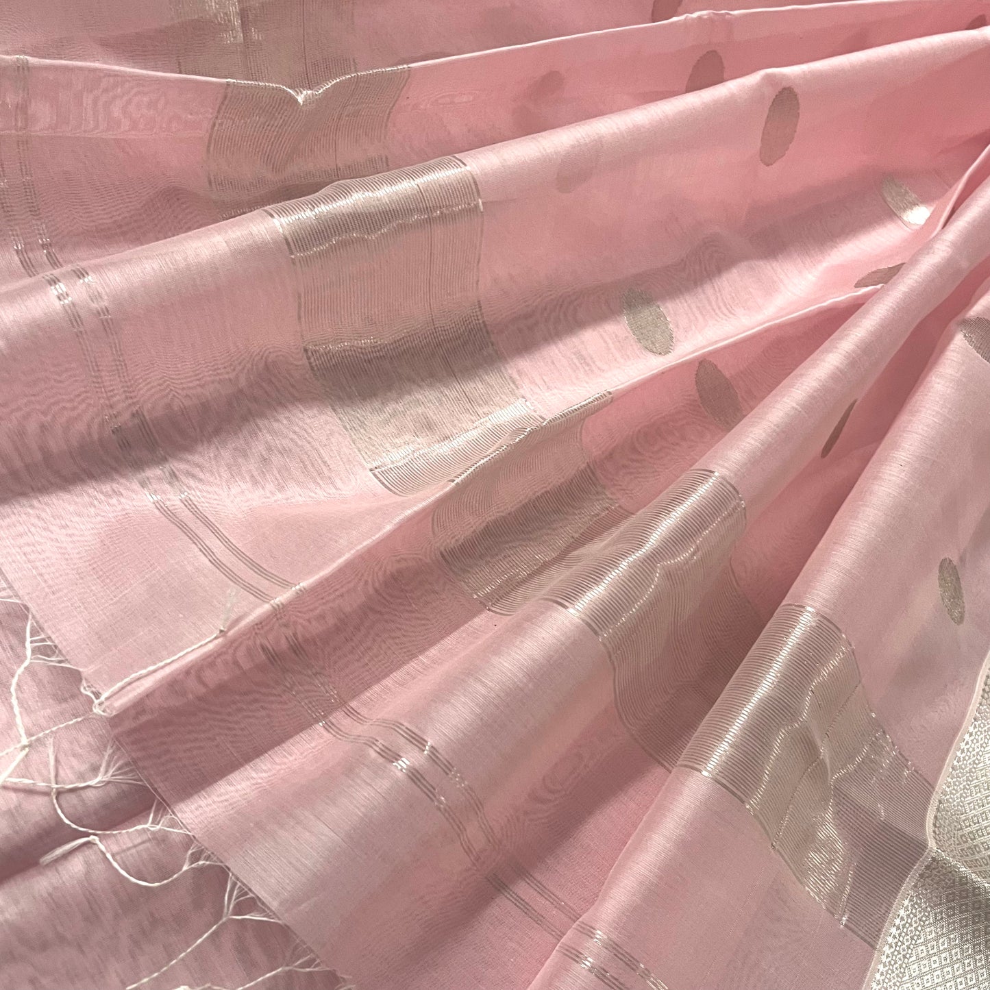 Baby pink maheshwari saree with zari bootis all over