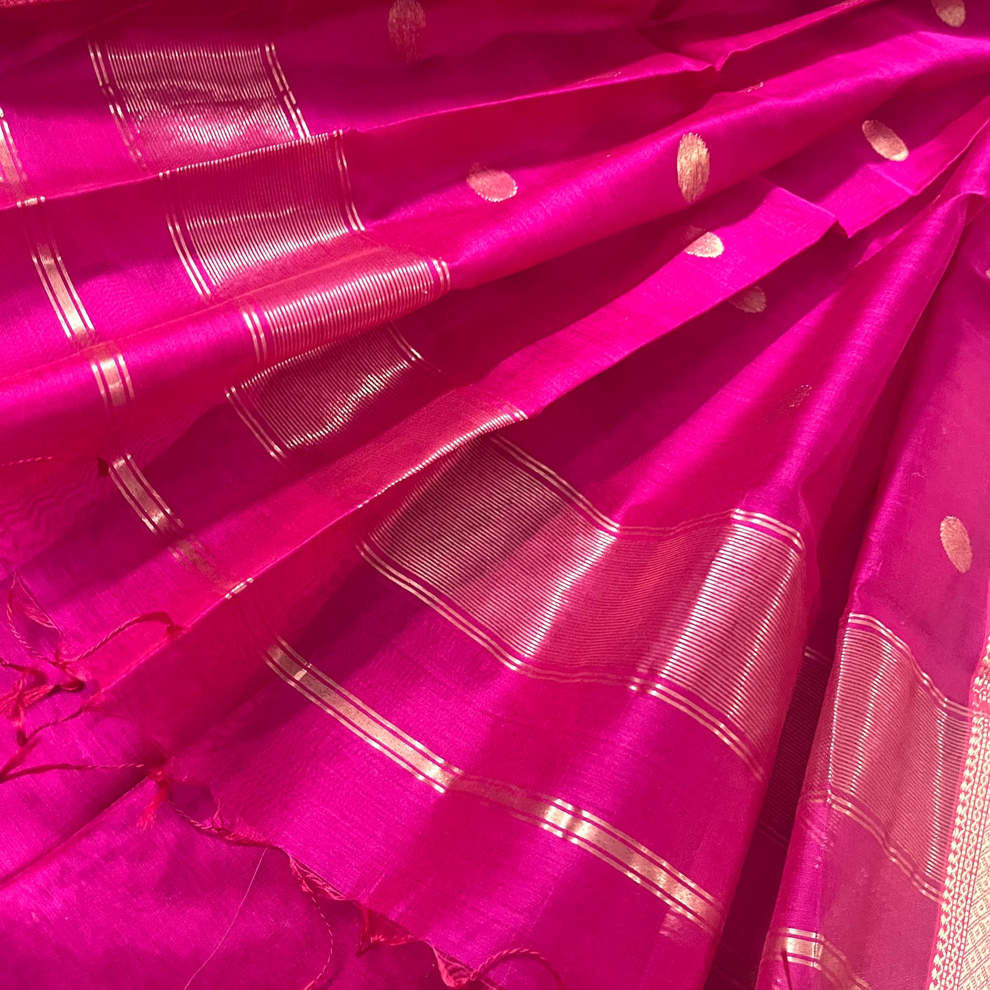 Pink maheshwari saree with zari bootis all over