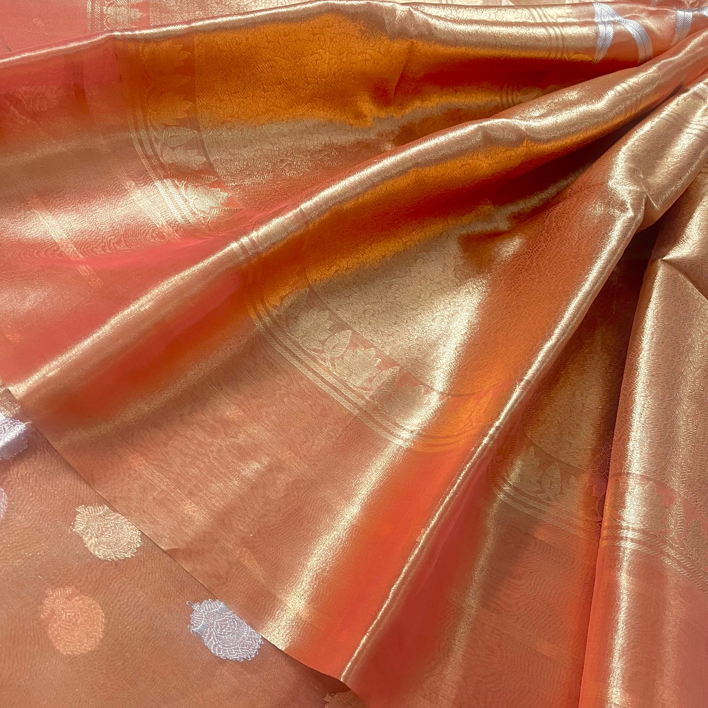 Peach banarasi tissue silk saree with zari pattern all over