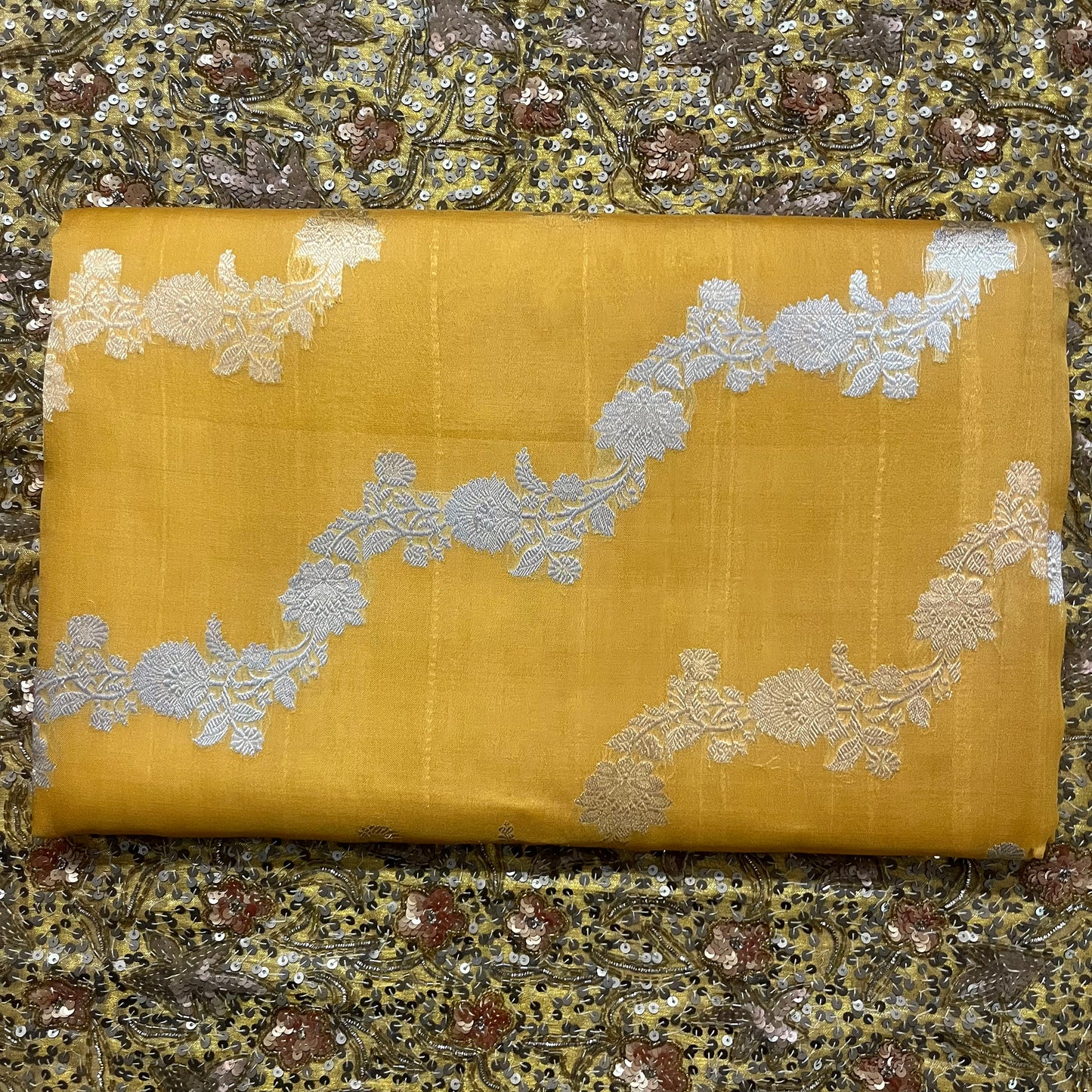 Mustard banarasi silk saree with zari bel all over