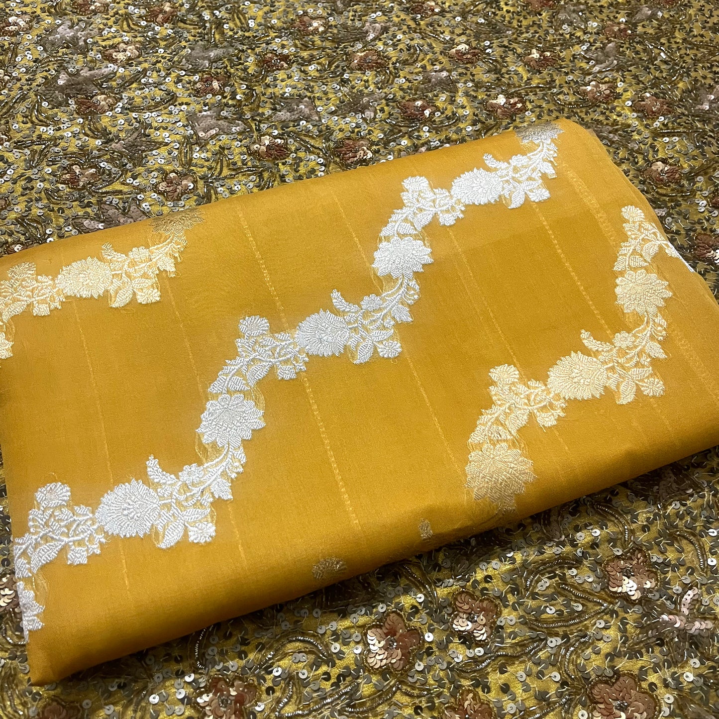 Mustard banarasi silk saree with zari bel all over