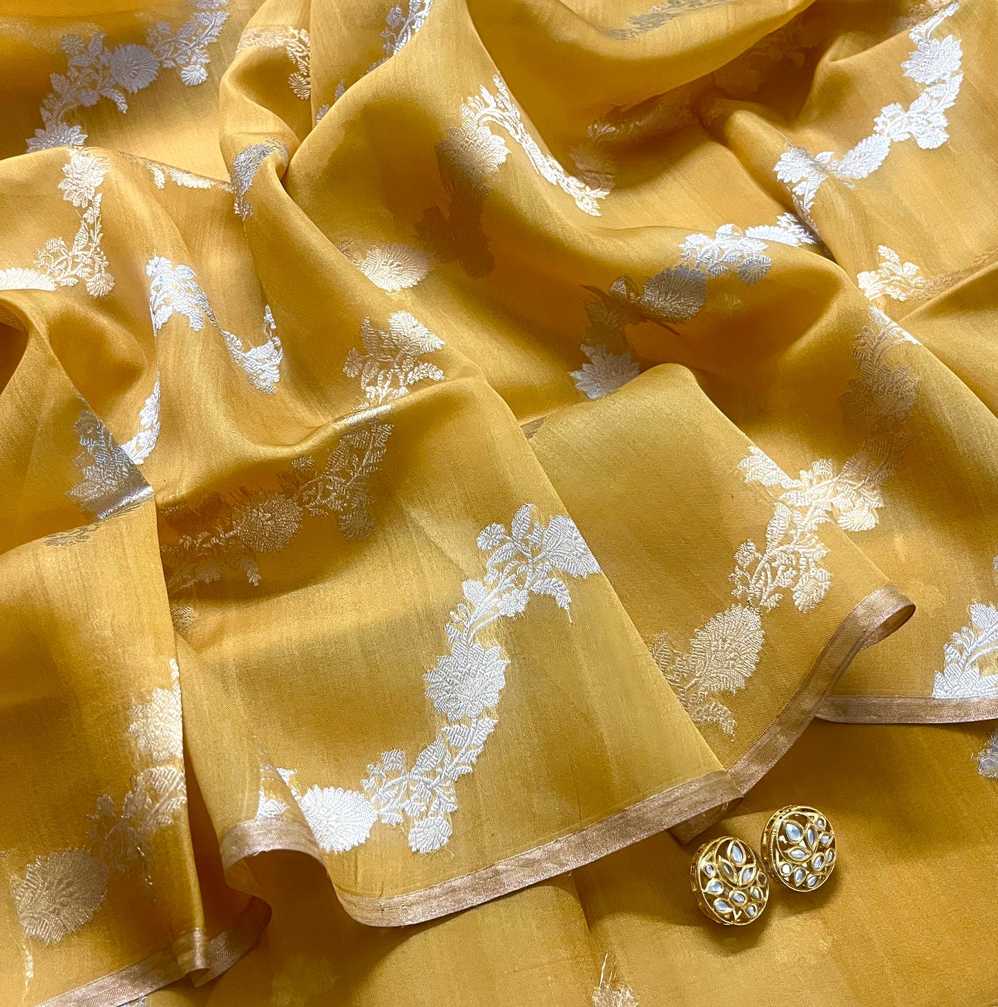 Mustard banarasi silk saree with zari bel all over