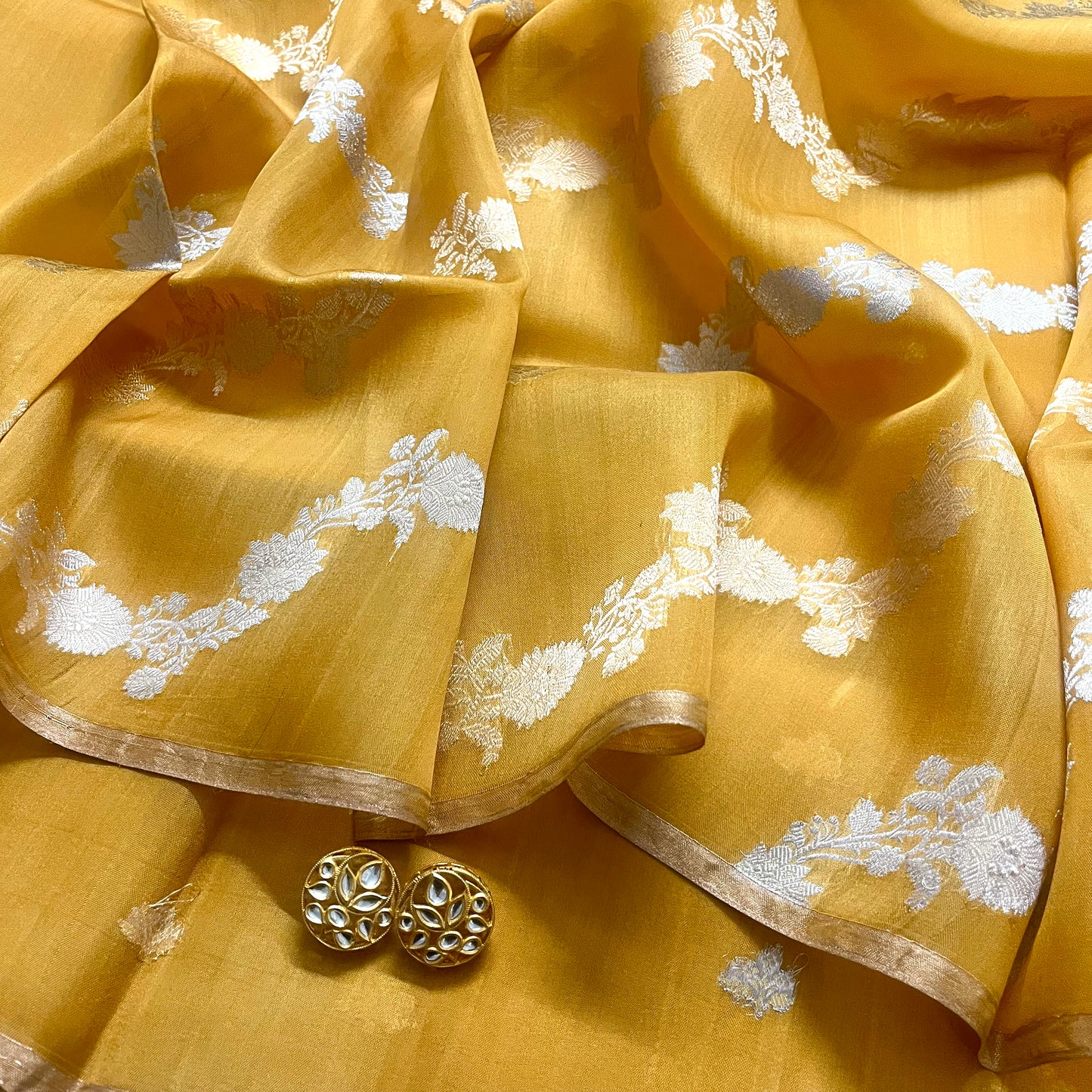 Mustard banarasi silk saree with zari bel all over