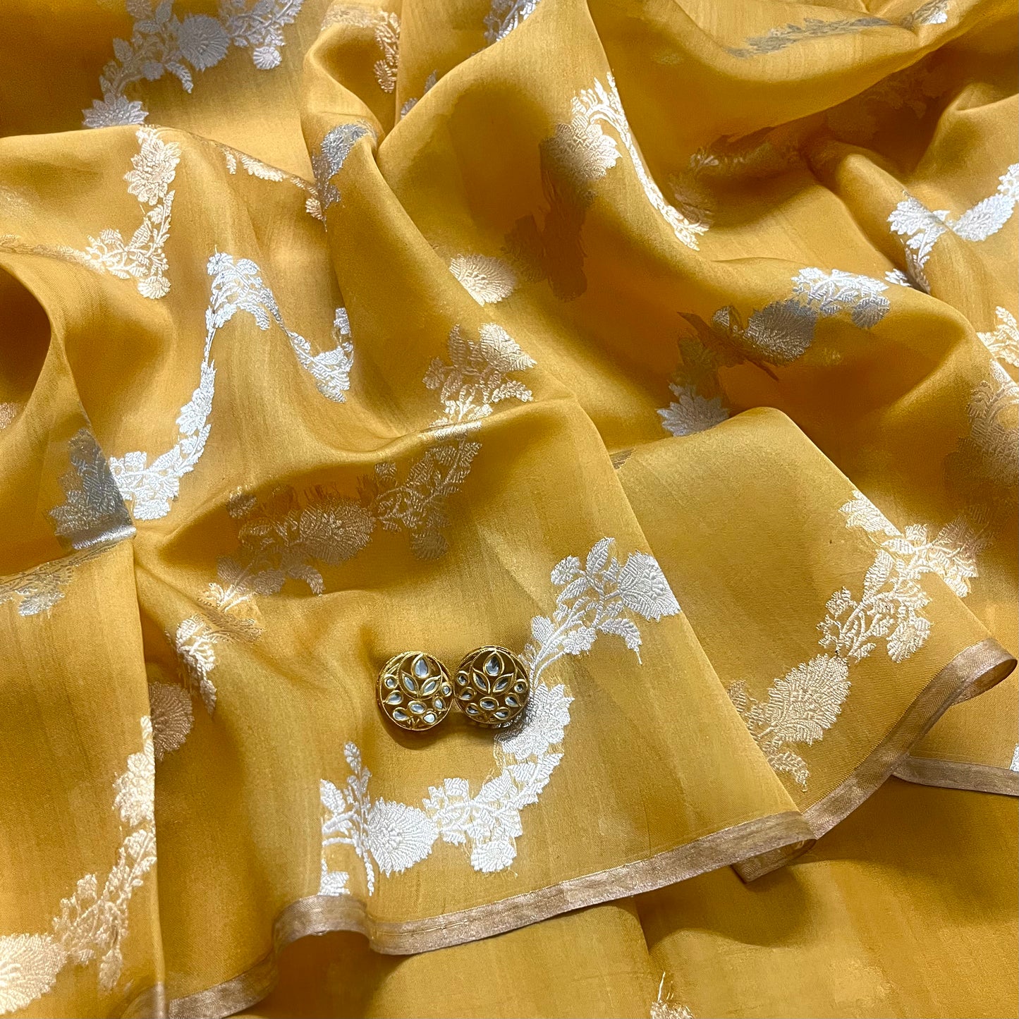 Mustard banarasi silk saree with zari bel all over