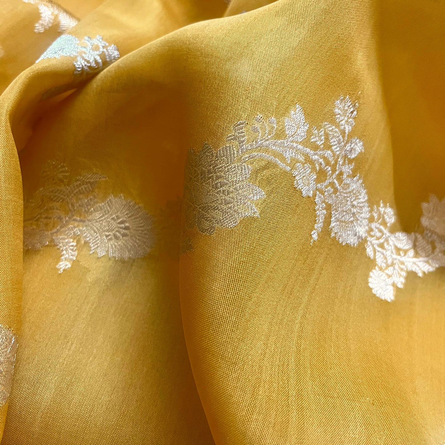 Mustard banarasi silk saree with zari bel all over