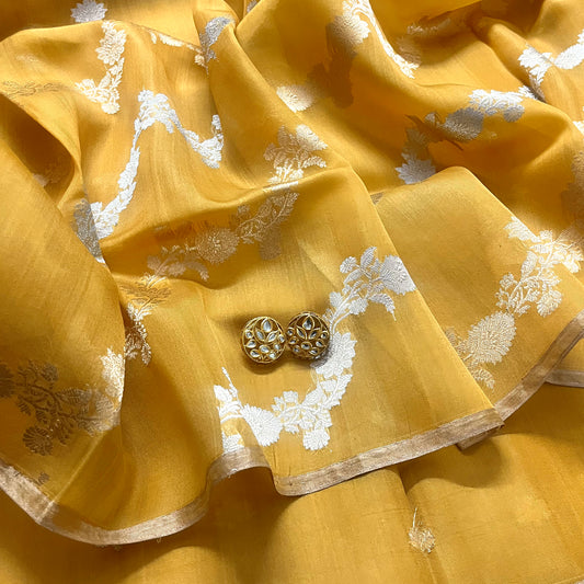 Mustard banarasi silk saree with zari bel all over