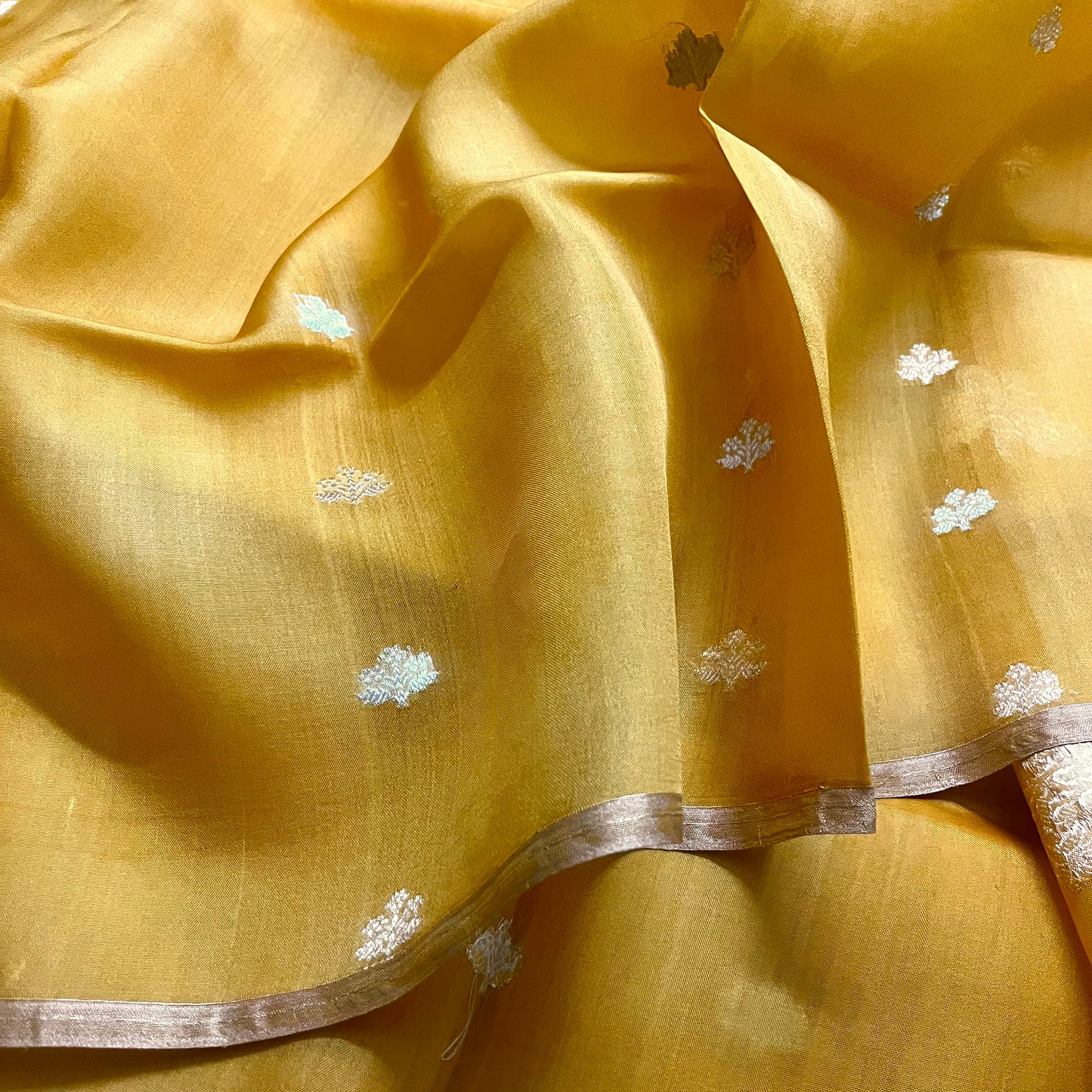 Mustard banarasi silk saree with zari bel all over