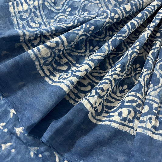 Indigo mul cotton block print saree