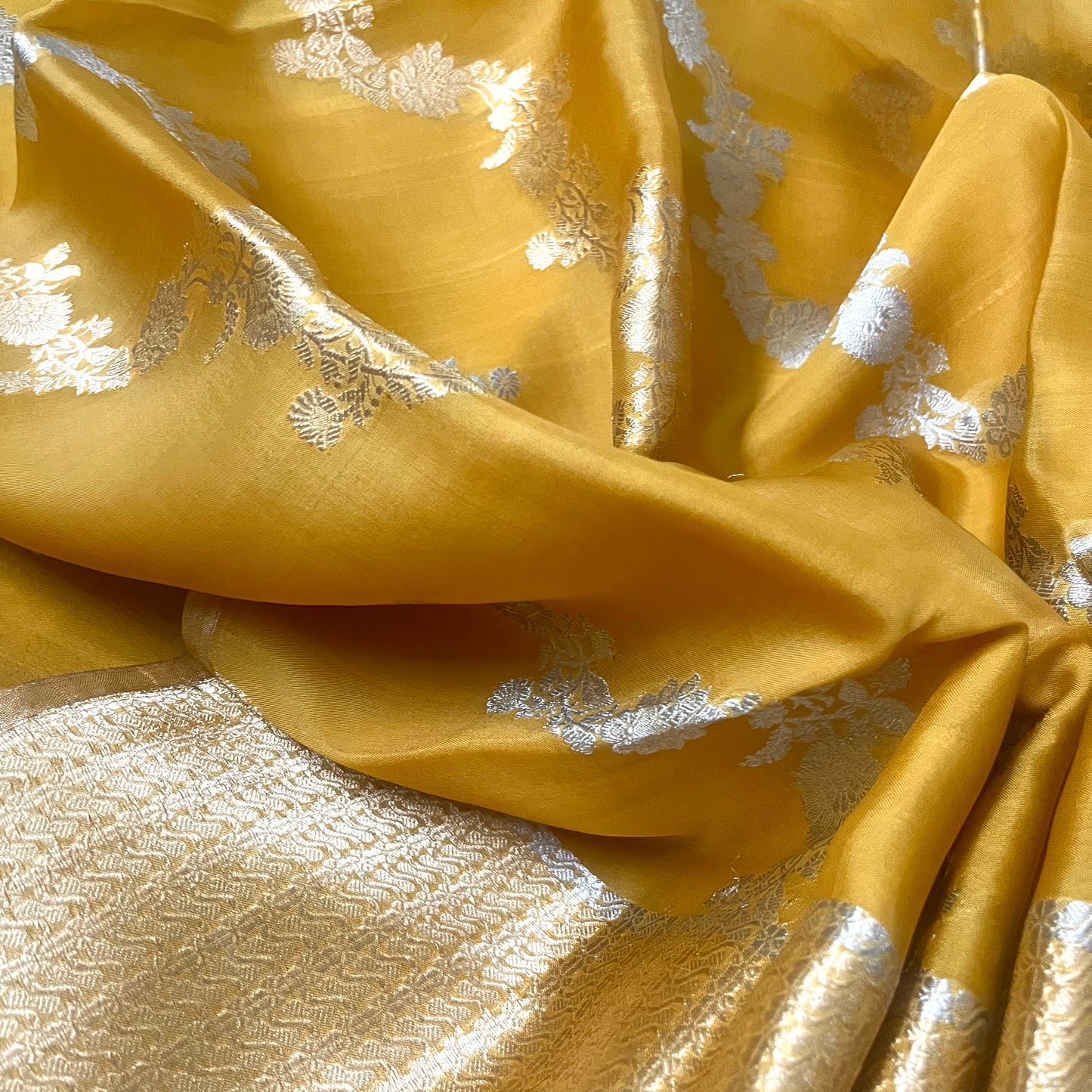 Mustard banarasi silk saree with zari bel all over