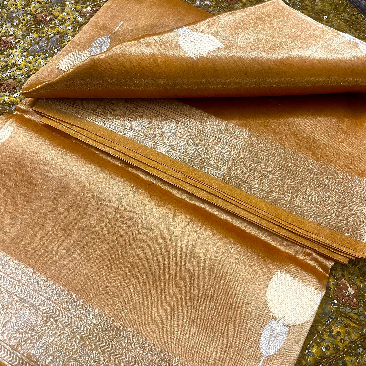 Copper gold banarasi tissue silk saree with flower motifs all over