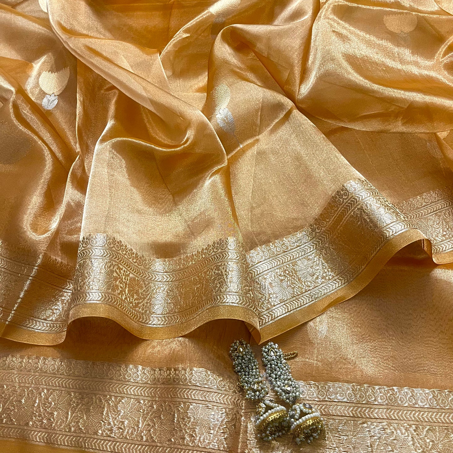 Copper gold banarasi tissue silk saree with flower motifs all over