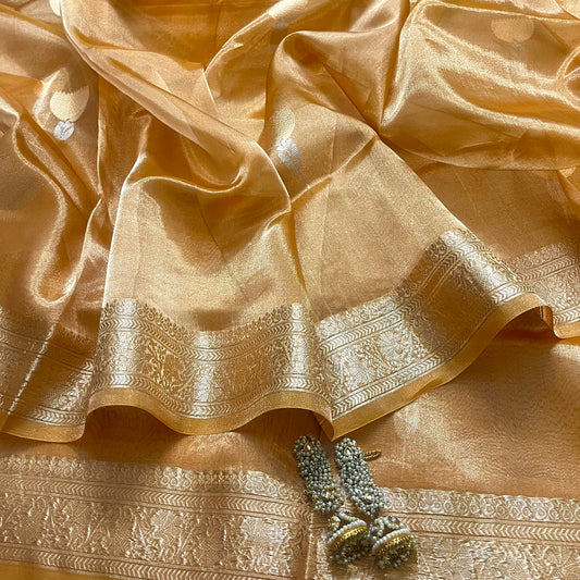 Copper gold banarasi tissue silk saree with flower motifs all over