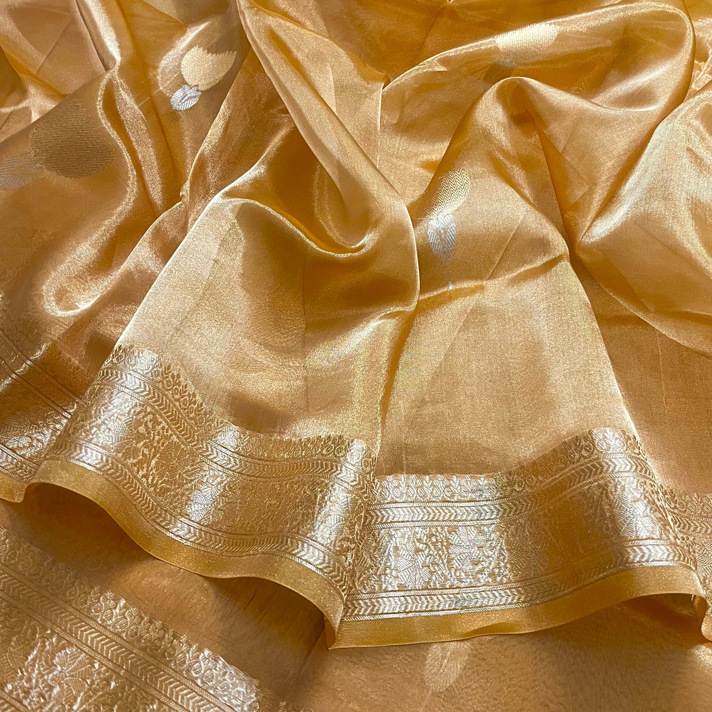 Copper gold banarasi tissue silk saree with flower motifs all over