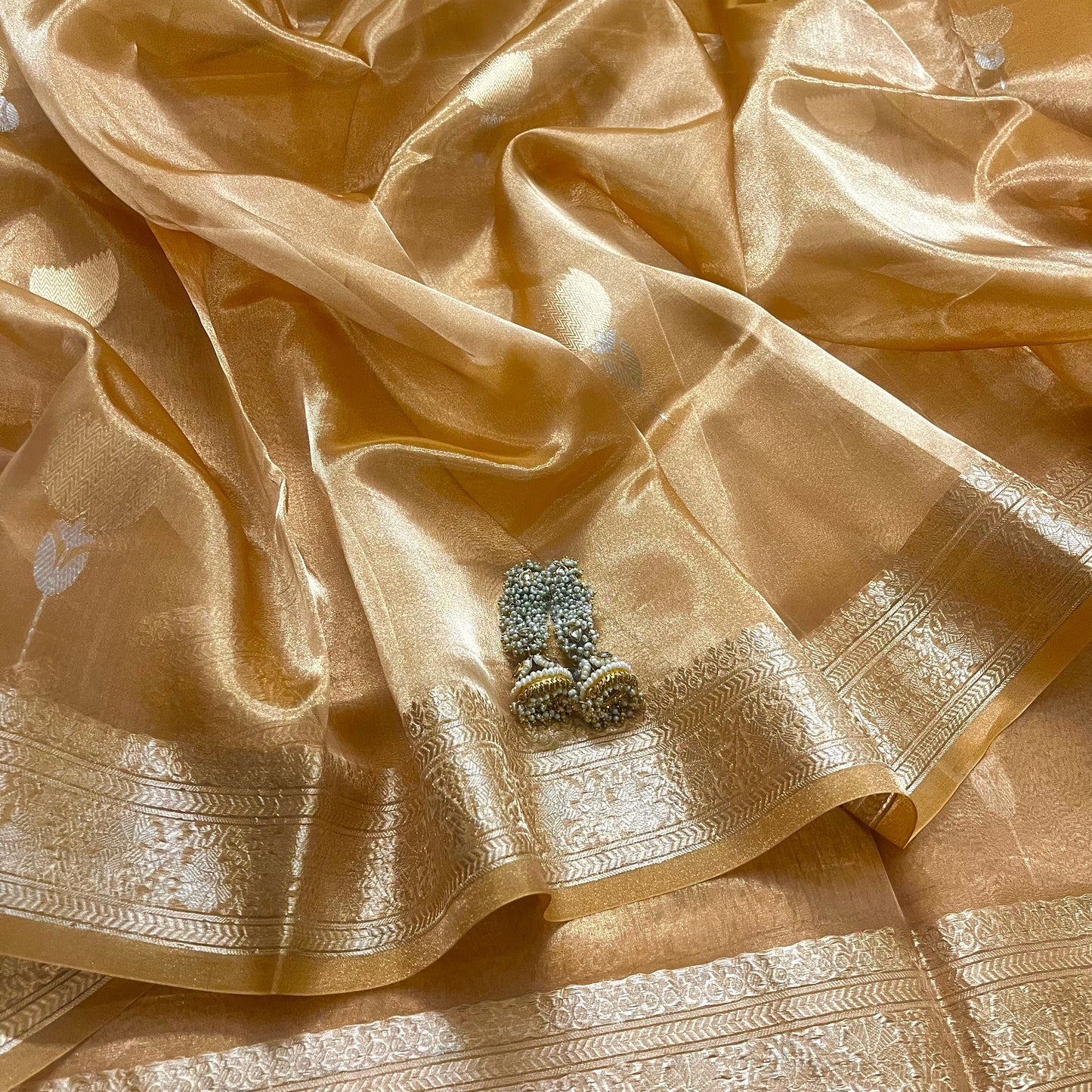 Copper gold banarasi tissue silk saree with flower motifs all over