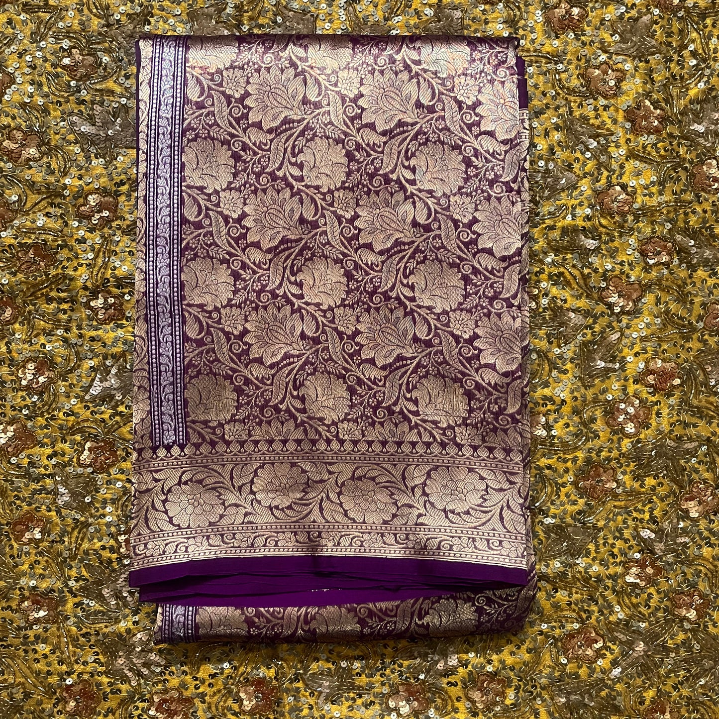 Violet banarasi silk saree with zari pattern on pallu