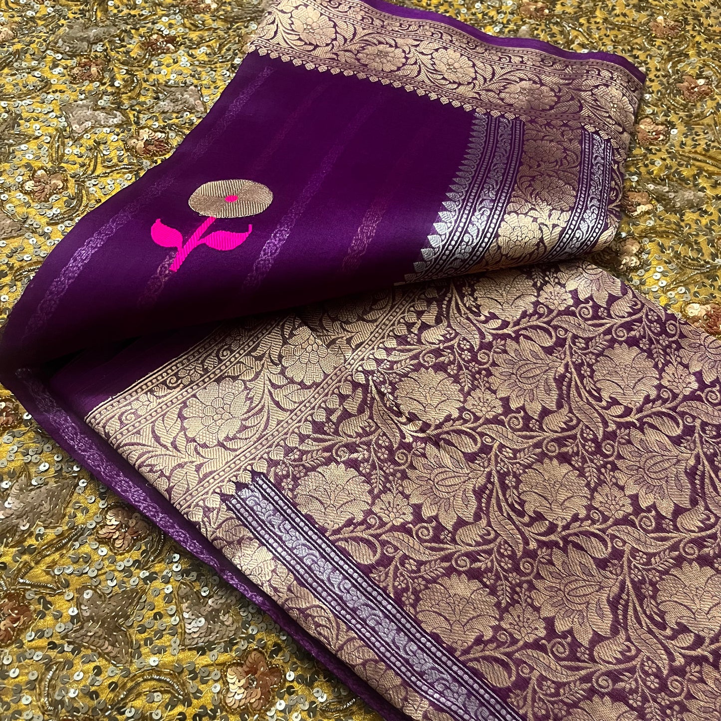 Violet banarasi silk saree with zari pattern on pallu