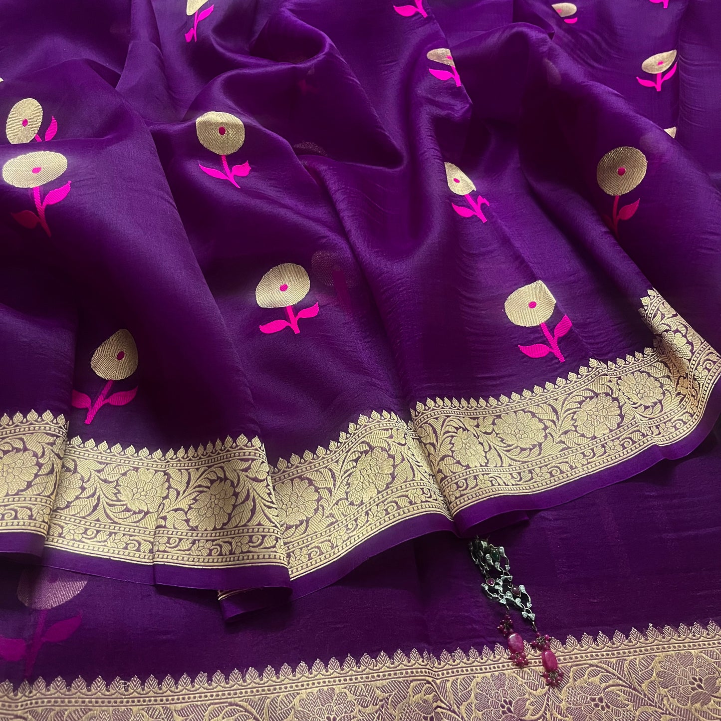 Violet banarasi silk saree with zari pattern on pallu