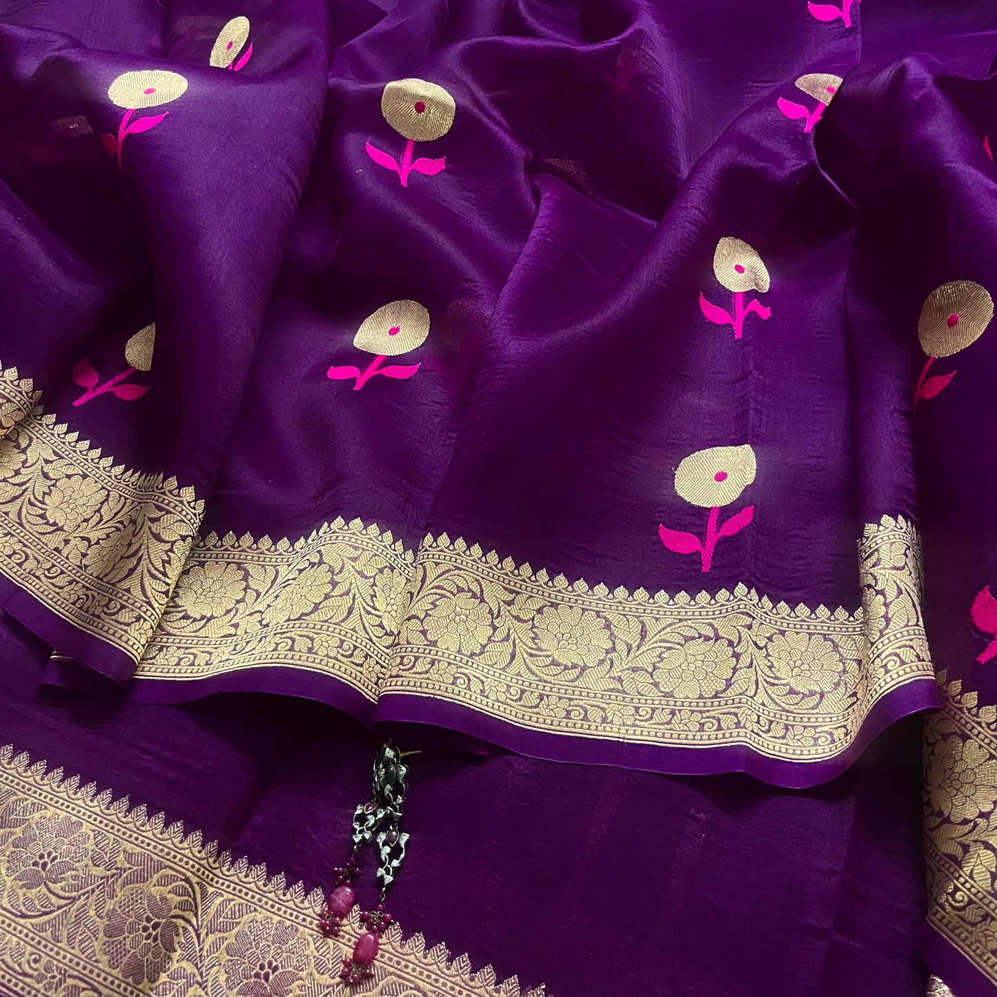 Violet banarasi silk saree with zari pattern on pallu