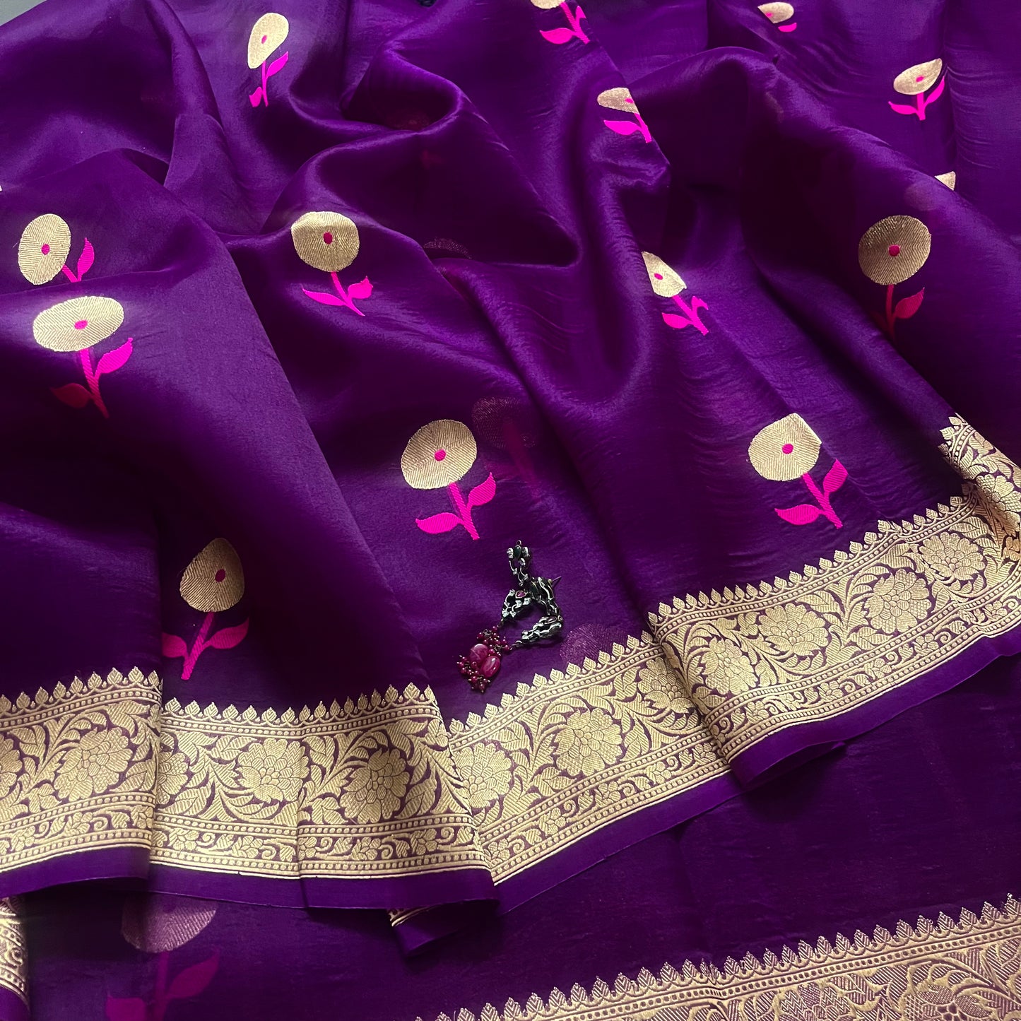 Violet banarasi silk saree with zari pattern on pallu