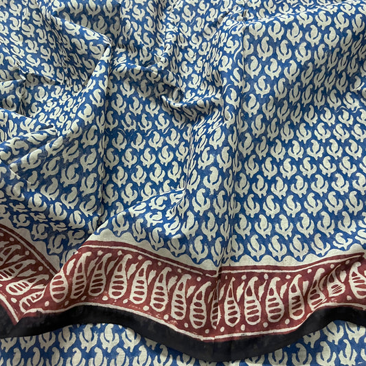 Blue and white mul cotton block print saree