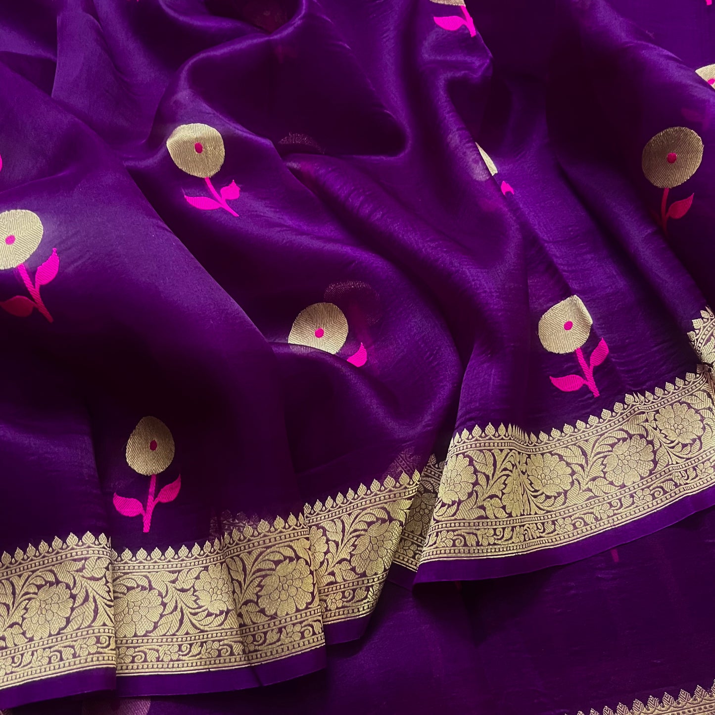 Violet banarasi silk saree with zari pattern on pallu