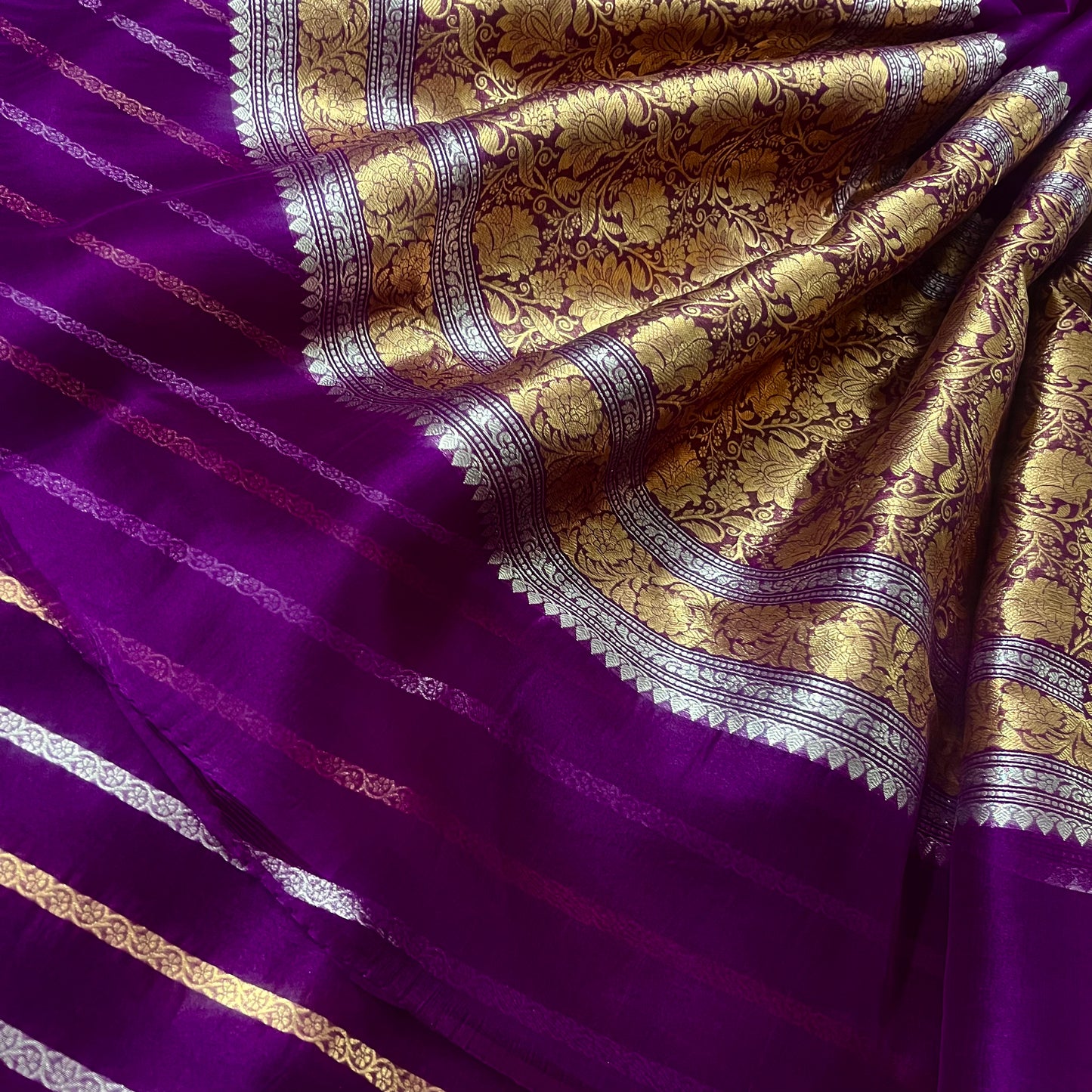 Violet banarasi silk saree with zari pattern on pallu