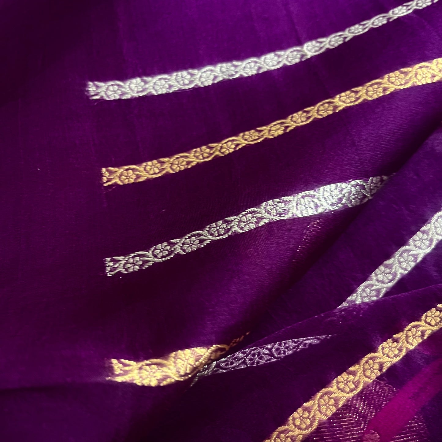 Violet banarasi silk saree with zari pattern on pallu