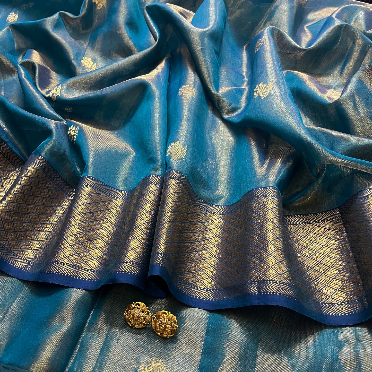 Ink blue maheshwari tissue silk saree with flower motifs all over