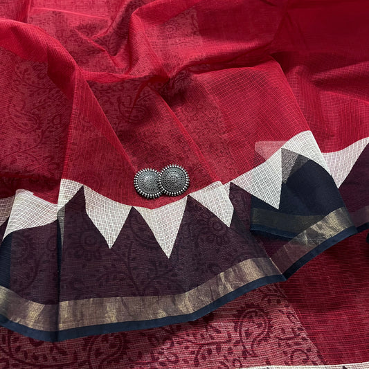 Deep maroon kota doria saree with block print all over