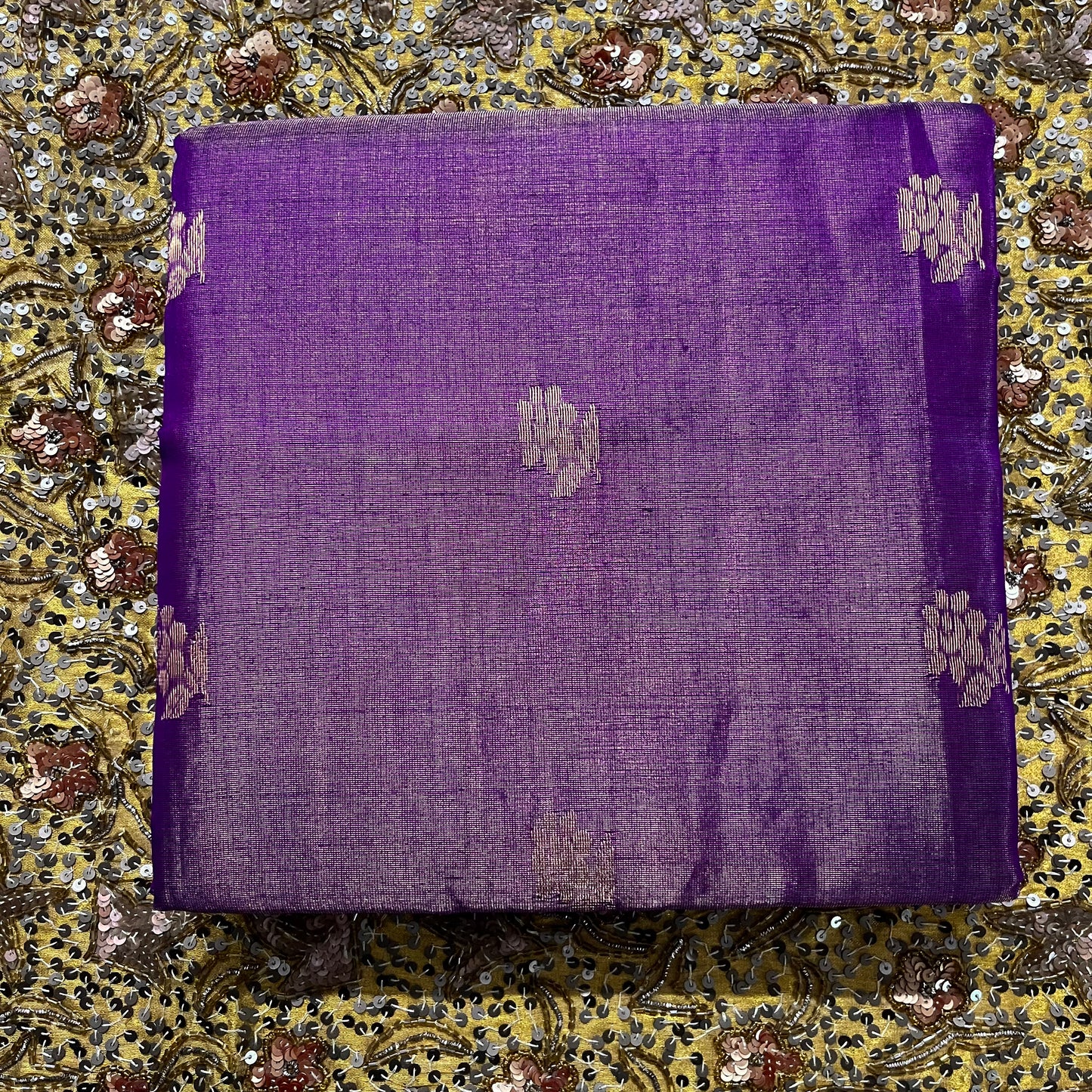 Violet maheshwari tissue silk saree with flower motifs all over