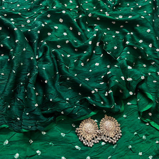 Bottle green bandhani saree with ajrakh palllu