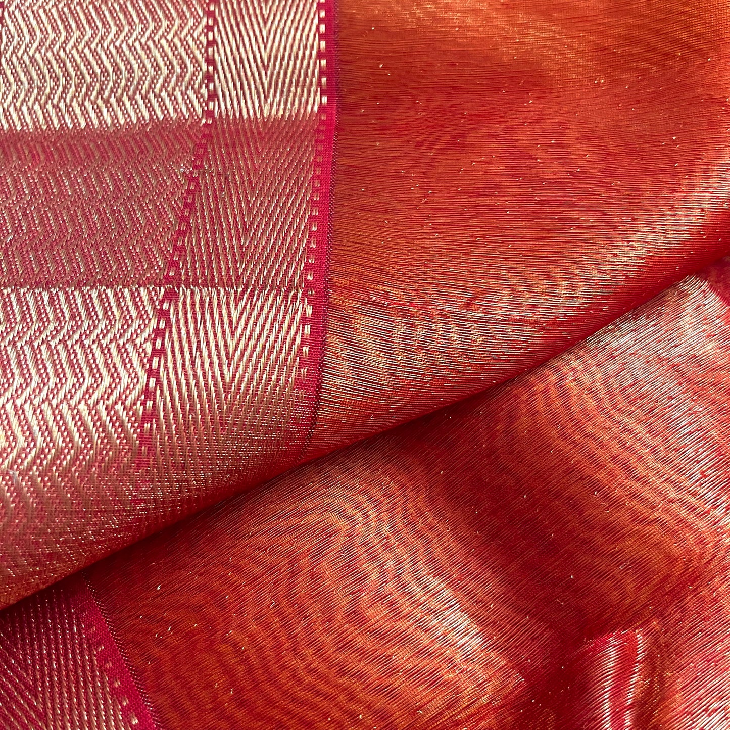 Mustard and red maheshwari tissue silk with zari pattern on pallu