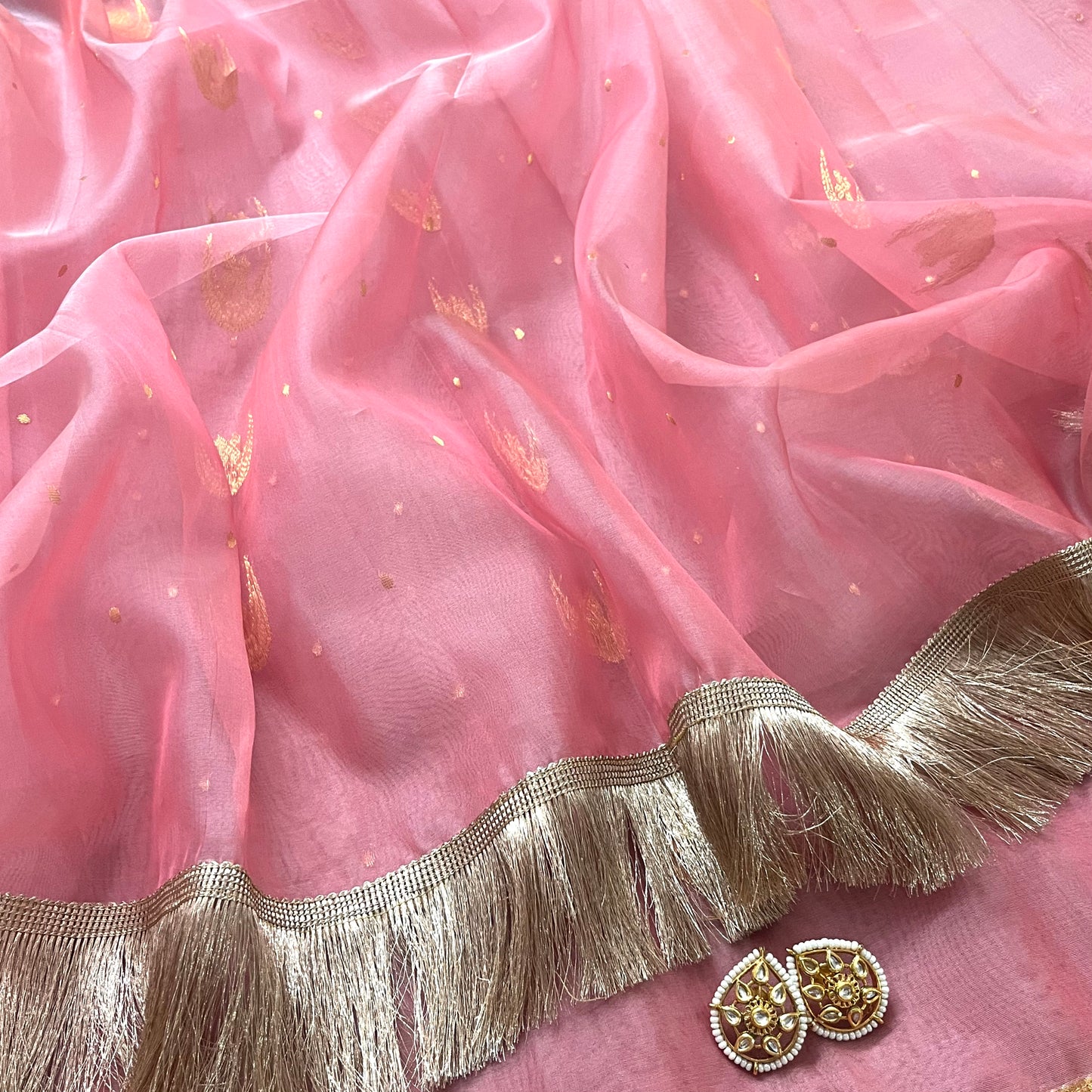 Pink chanderi silk saree with zari bootis and chaand bootis all over