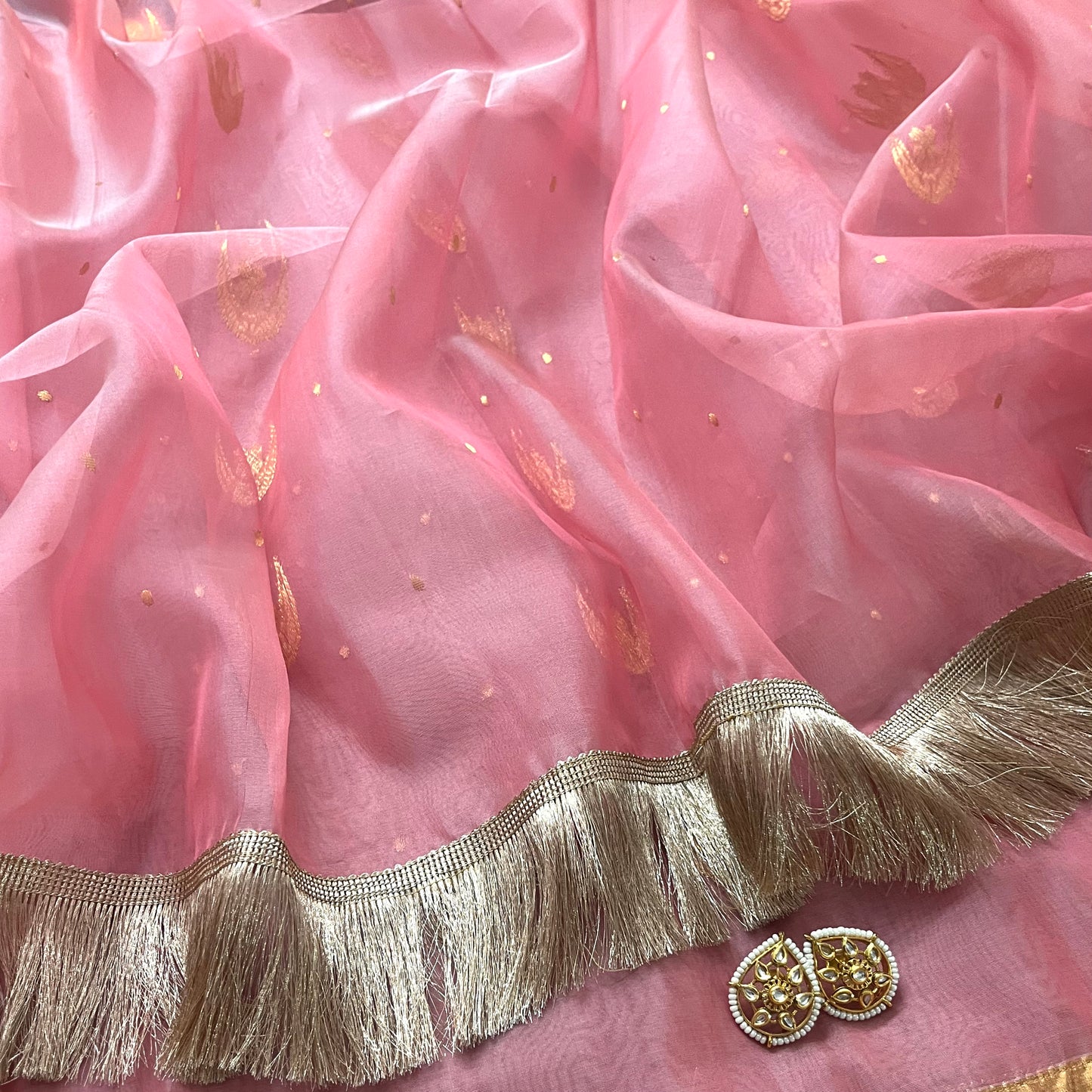 Pink chanderi silk saree with zari bootis and chaand bootis all over