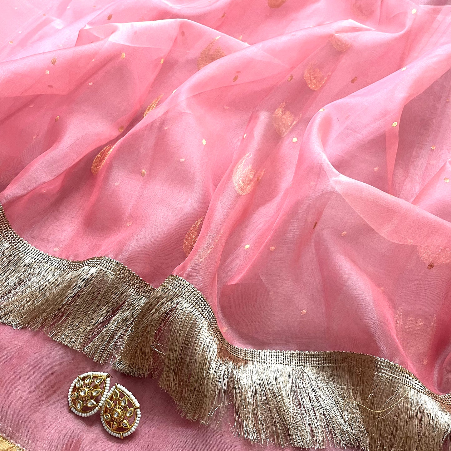 Pink chanderi silk saree with zari bootis and chaand bootis all over