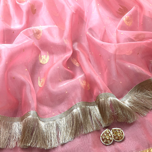 Pink chanderi silk saree with zari bootis and chaand bootis all over