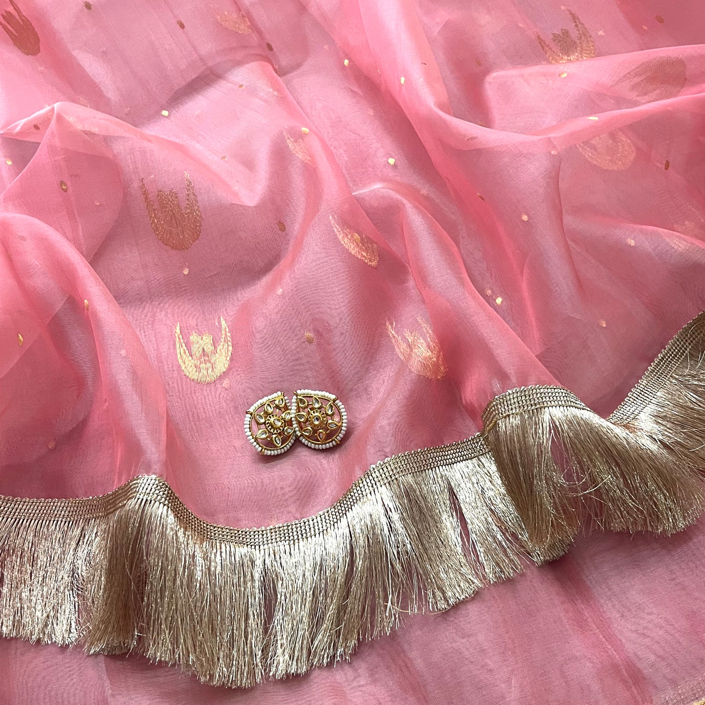 Pink chanderi silk saree with zari bootis and chaand bootis all over