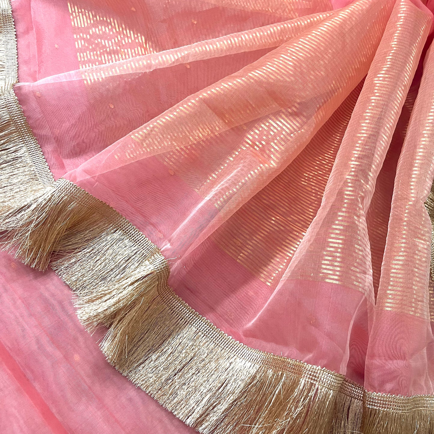 Pink chanderi silk saree with zari bootis and chaand bootis all over