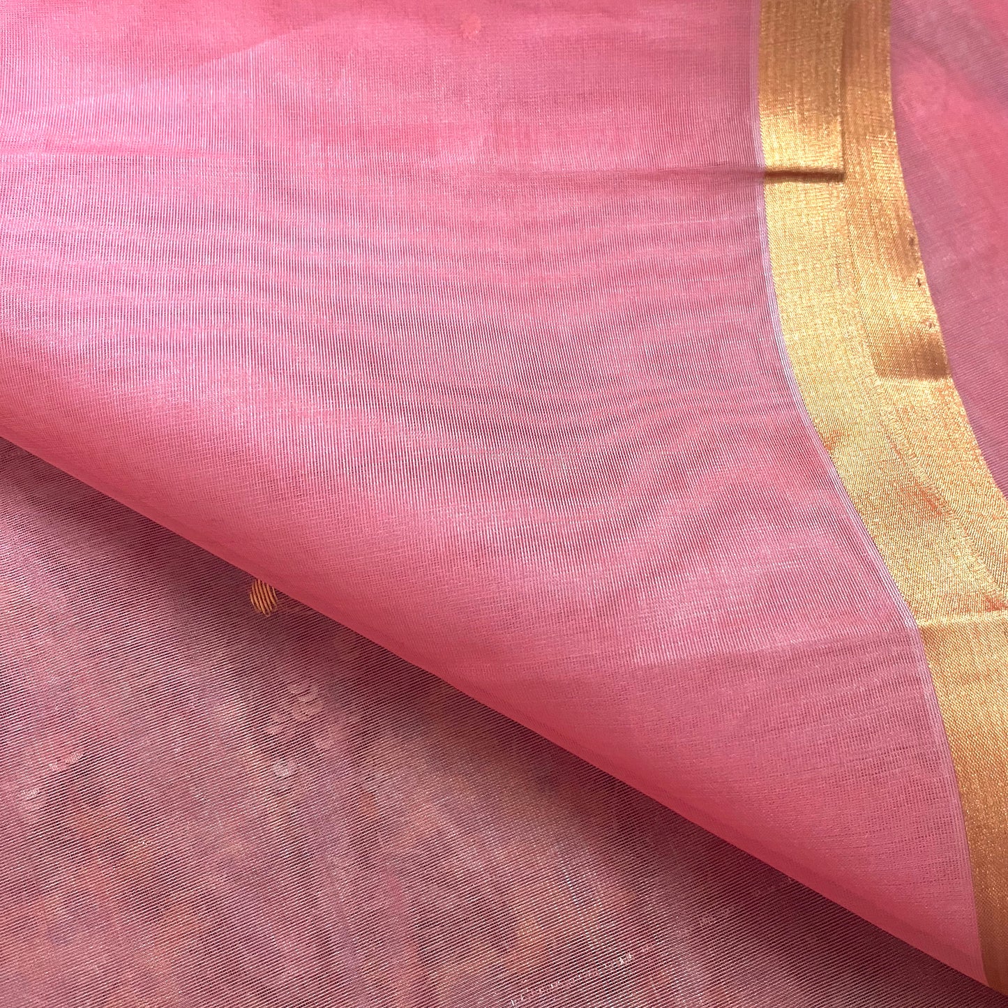 Pink chanderi silk saree with zari bootis and chaand bootis all over