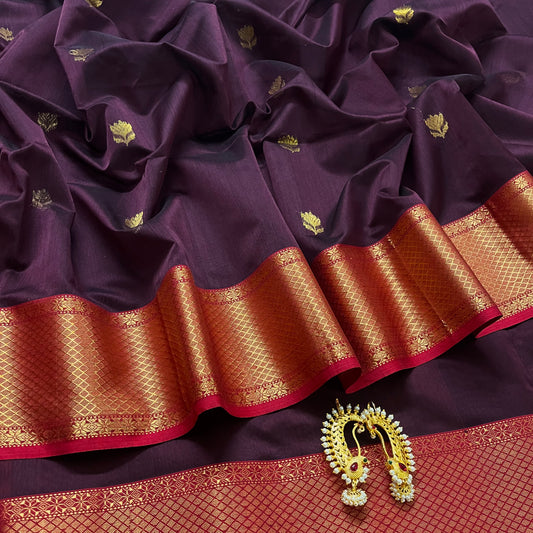 Wine and red maheshwari saree with flower motifs all over