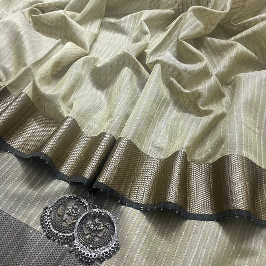 Light olive maheshwari saree with threadwork all over and jute striped pallu