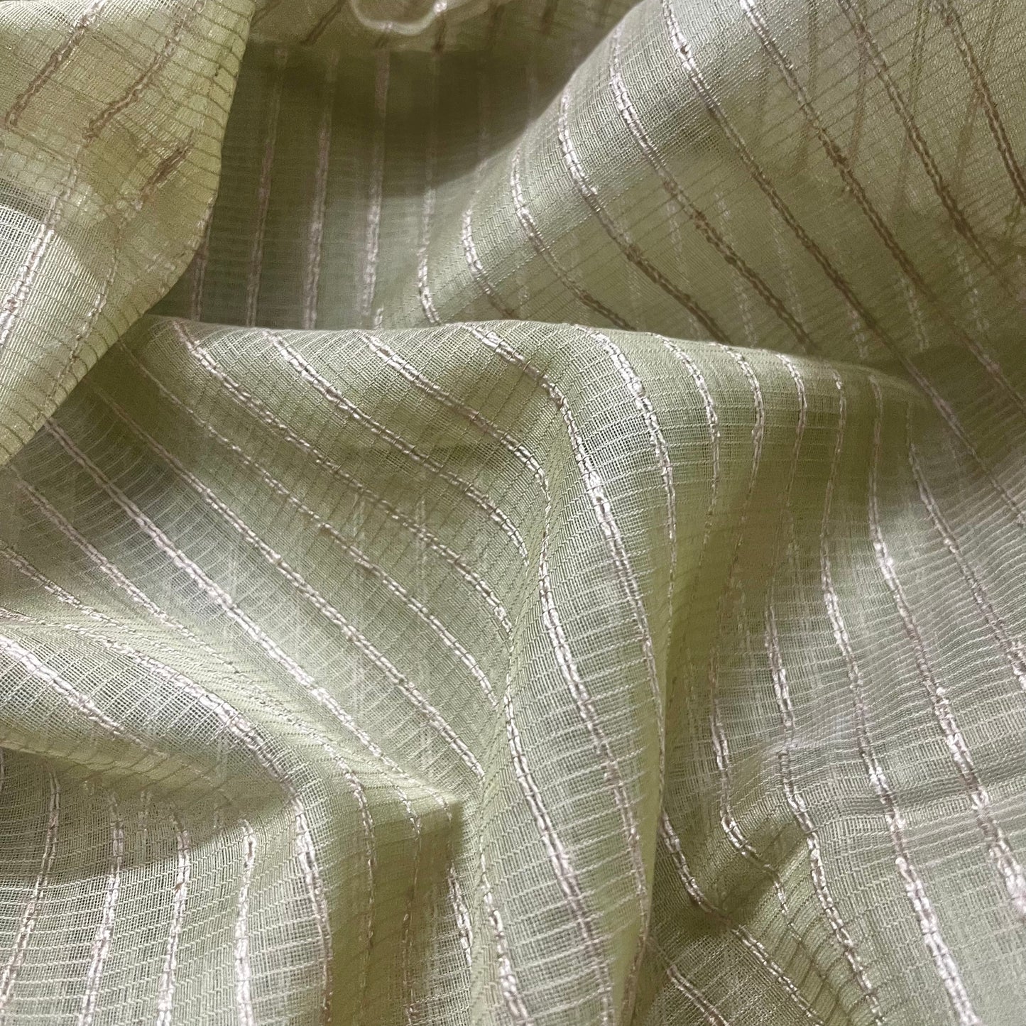 Light olive maheshwari saree with threadwork all over and jute striped pallu