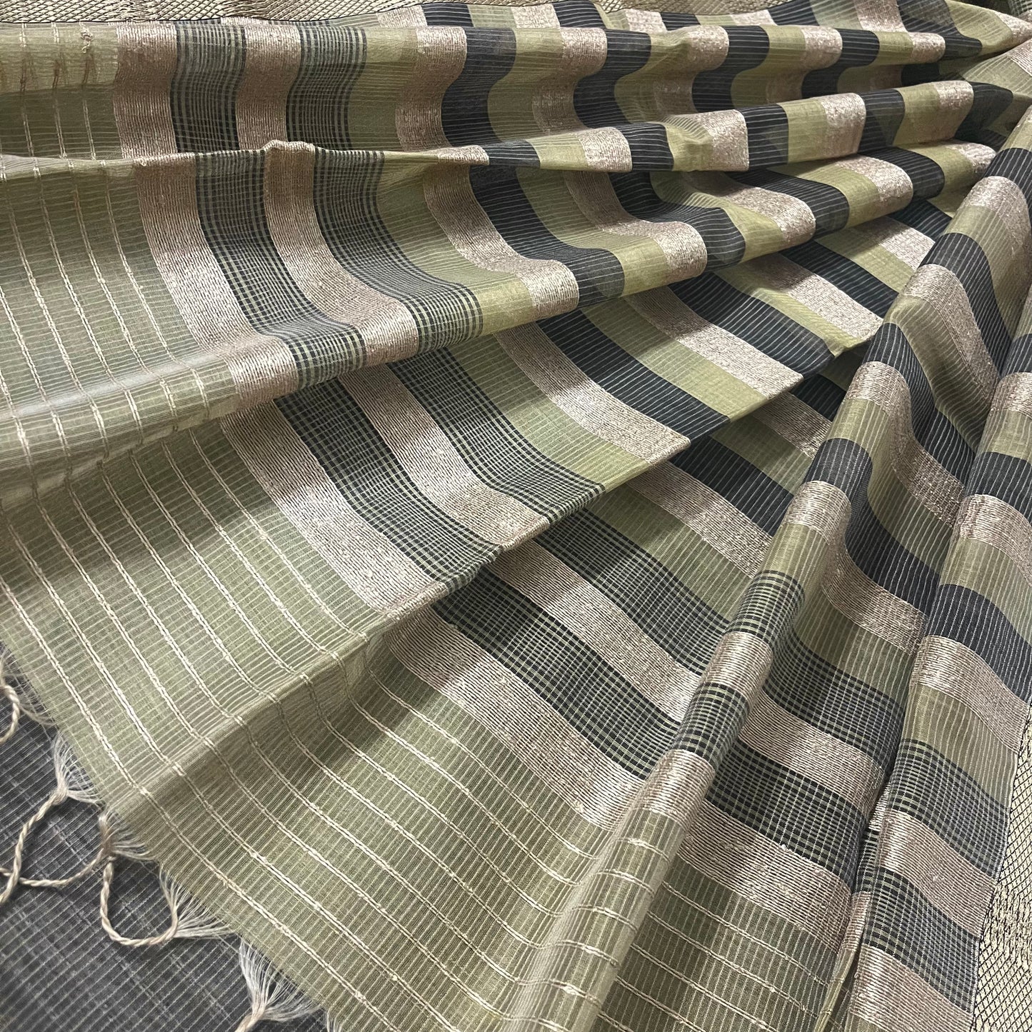 Light olive maheshwari saree with threadwork all over and jute striped pallu